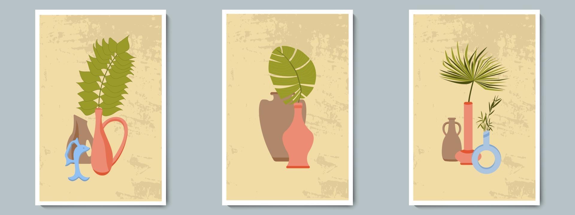 mano dibujar jarrón de cerámica con plantas tropicales. collage de moda para la decoración en estilo griego. vector