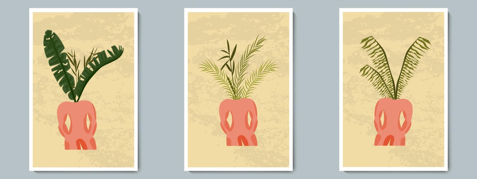 Hand Draw Unusual Man Figure Pottery Vase with Tropical Plants. Trendy Collage for Decoration in Greek Style. vector
