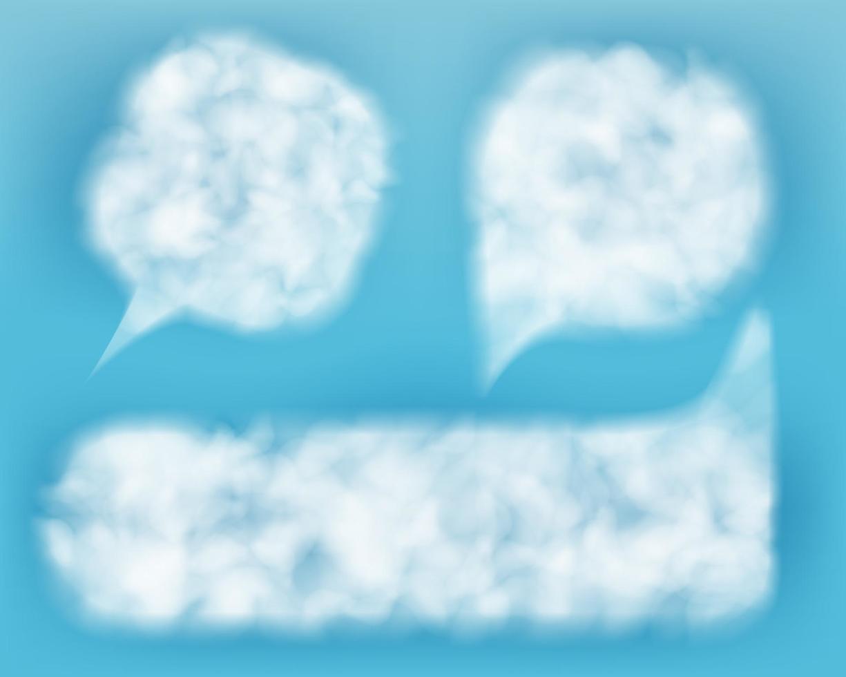 Empty comic speech balloons. Chat bubbles in the form of white spots. Speech boxes made of light air clouds against the blue sky. 3d realistic vector illustration.