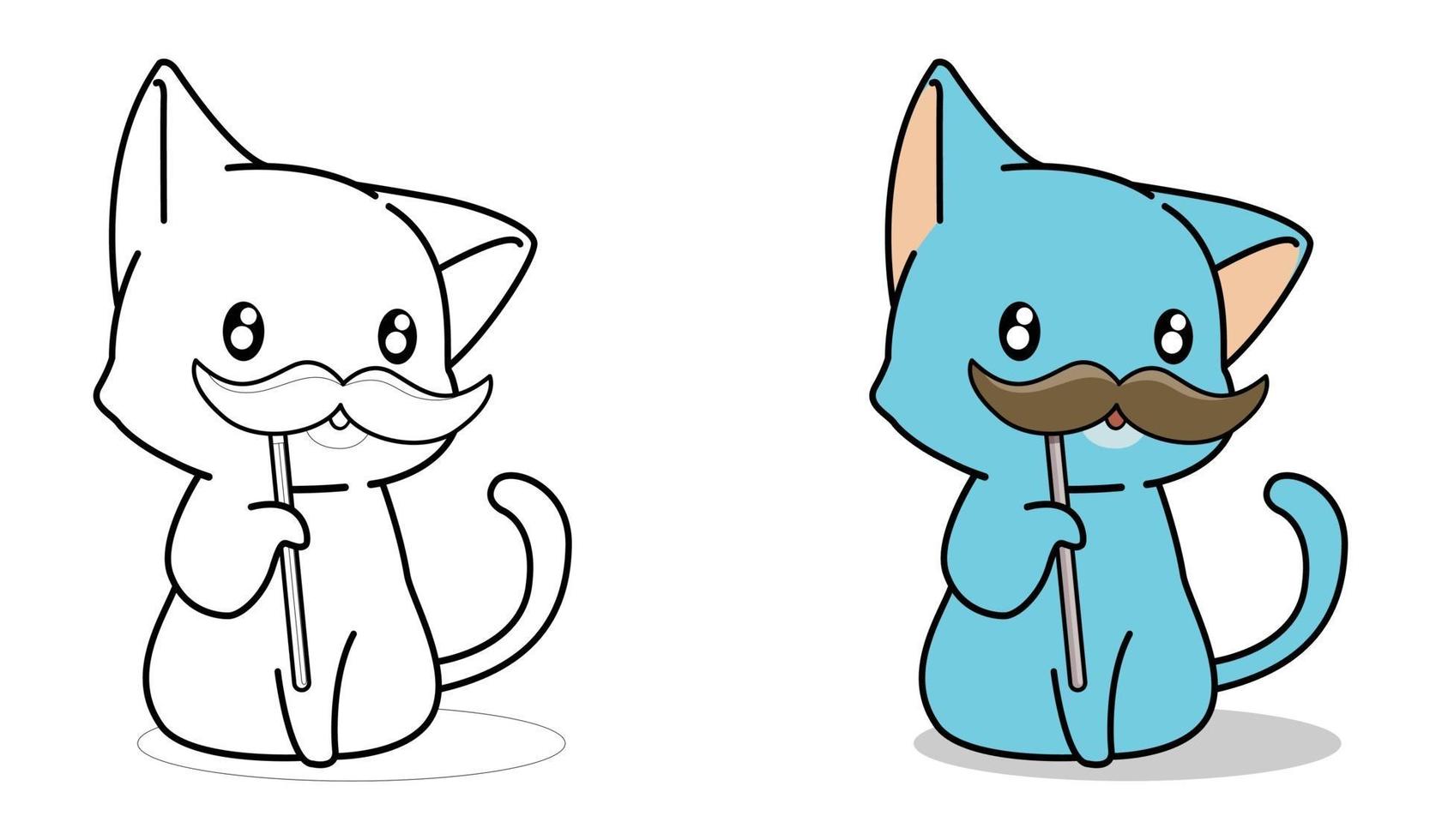 Cartoon cat and mustache coloring page for kids vector