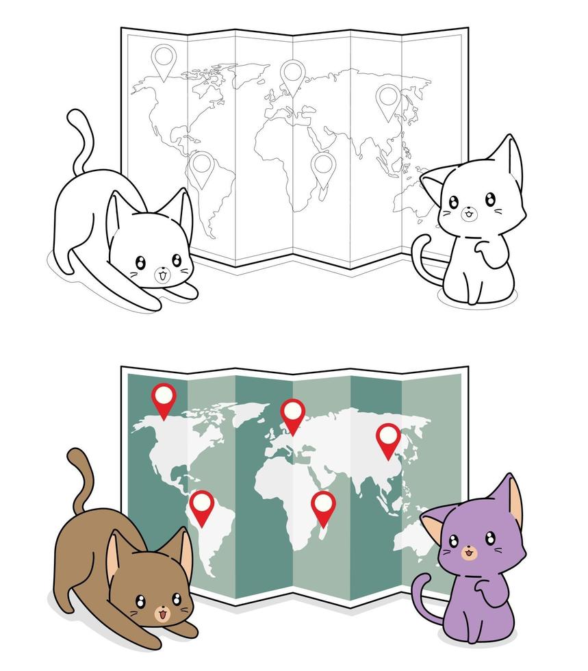Adorable cats with a world map cartoon coloring page for kids vector