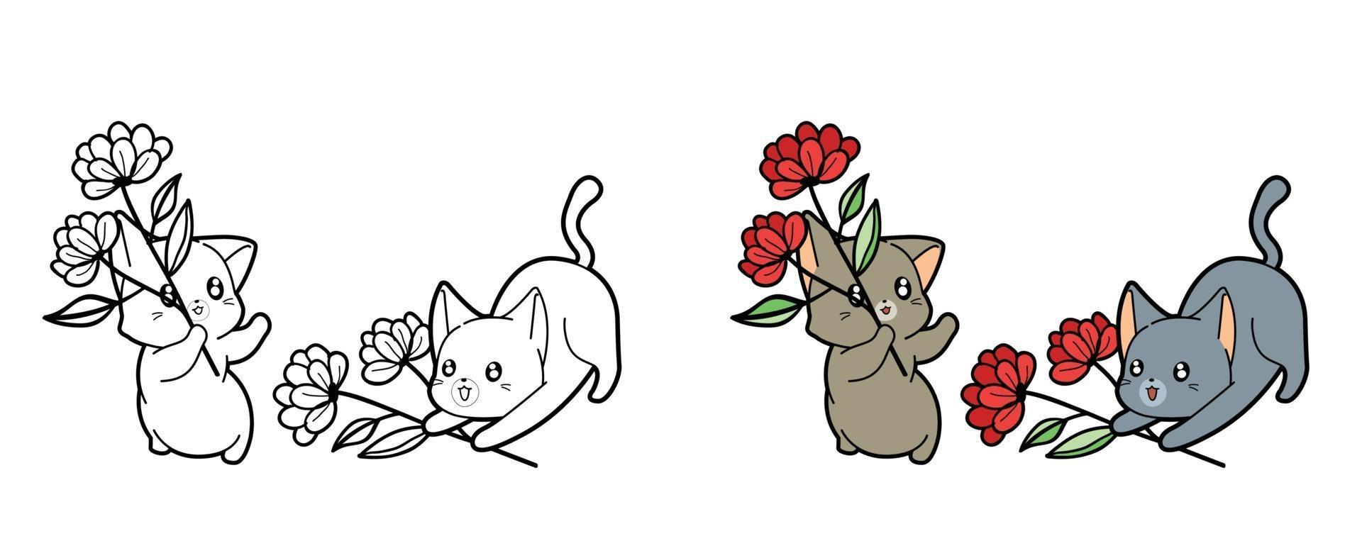 dibujos animados de gatos y flores página para colorear para niños vector