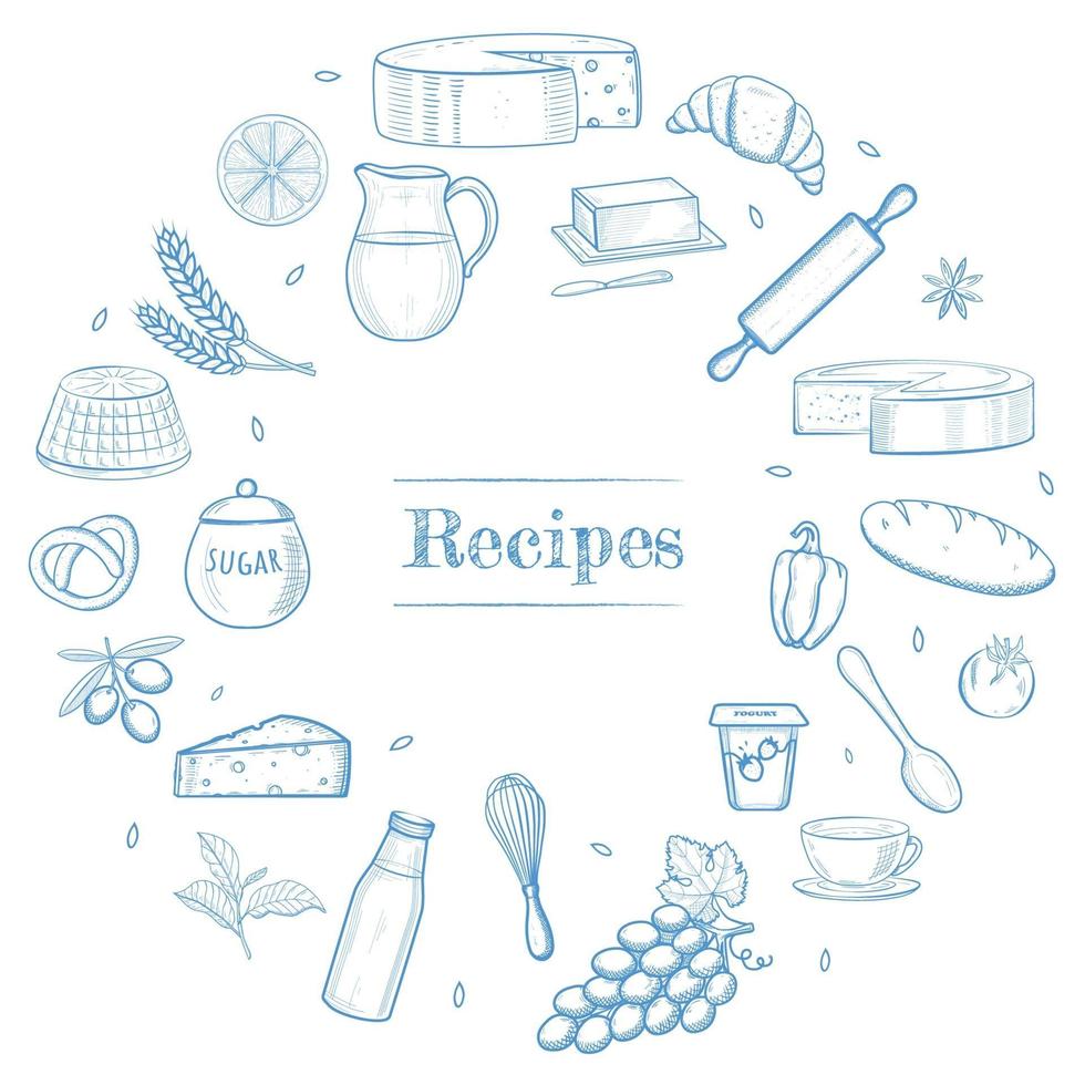 Hand drawn kitchen stuff, dairy and bakery products, vegetables, food ingredients. Recipe book template, restaurant menu icons, shavuot banner frame concept. vector