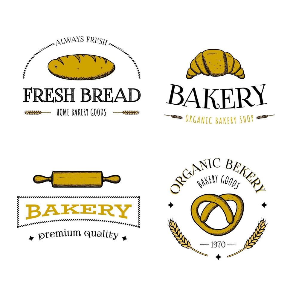 Set of bakery logos, labels, badges or icons. With bread, pretzel, croissant, rolling pin. Engraved style sketch hand drawn retro vintage vector illustration.