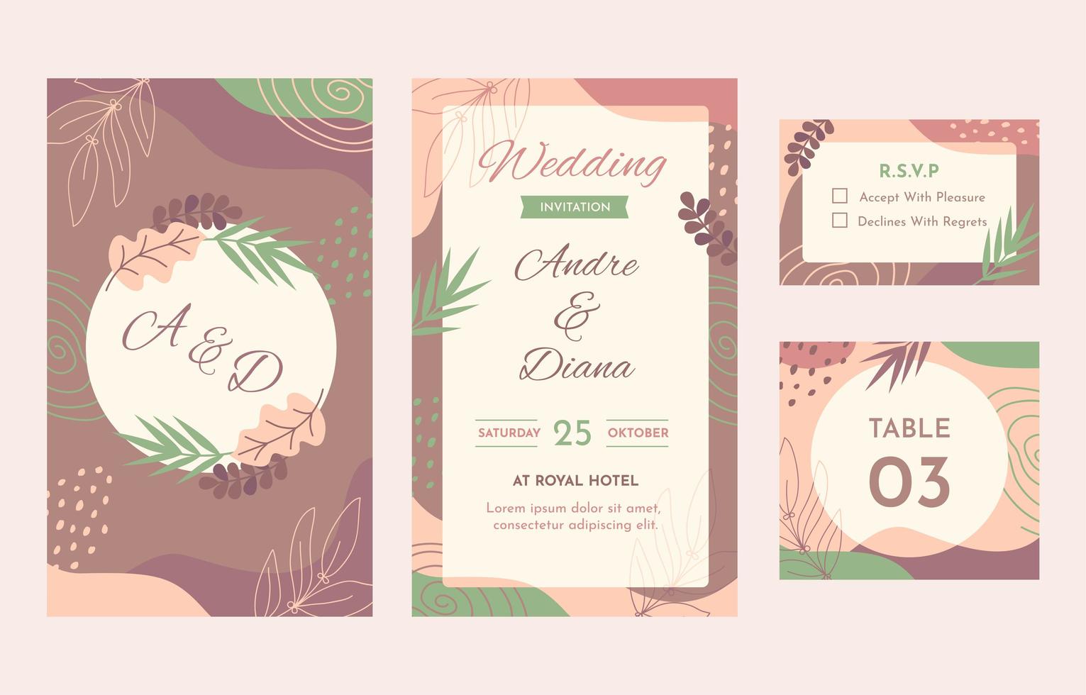 Abstract nature wedding stationery collection vector