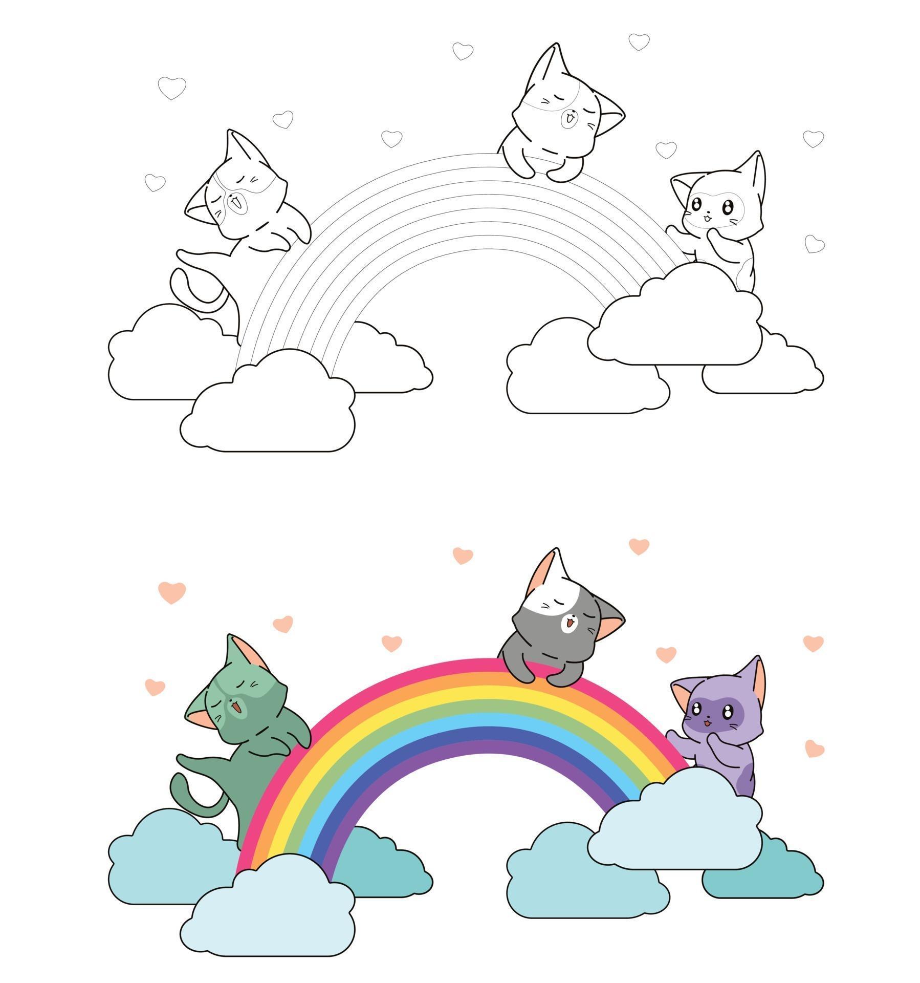 Adorable cats are enjoying the rainbow cartoon coloring page for kids