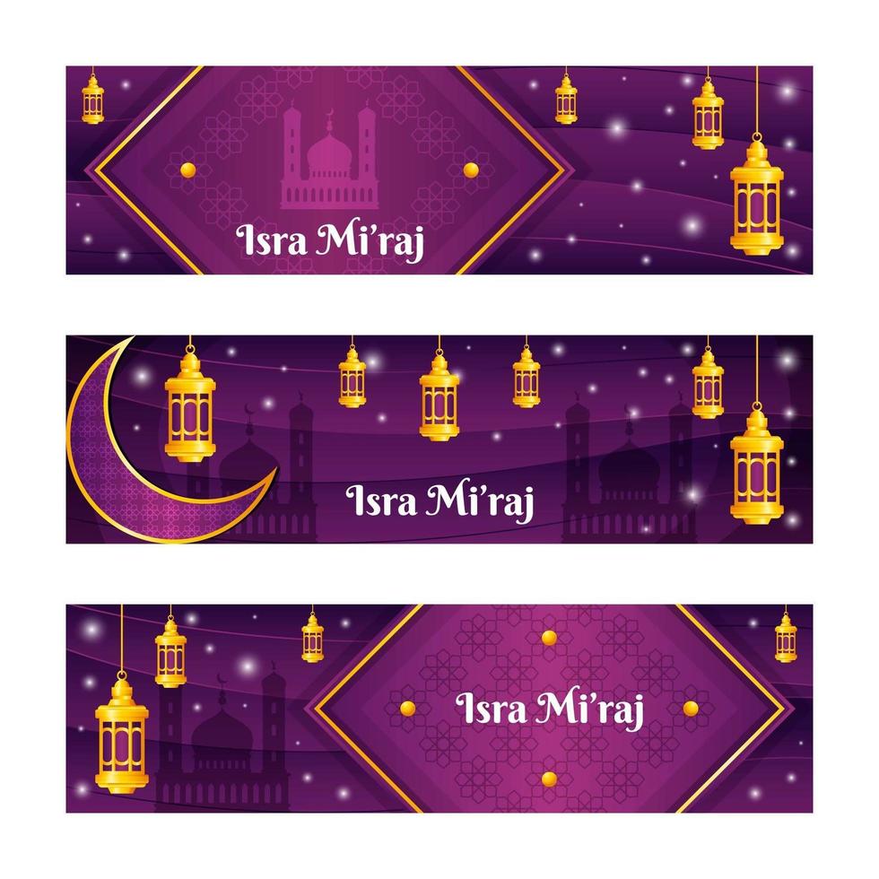 elegante conjunto de banners de isra miraj de oro púrpura vector