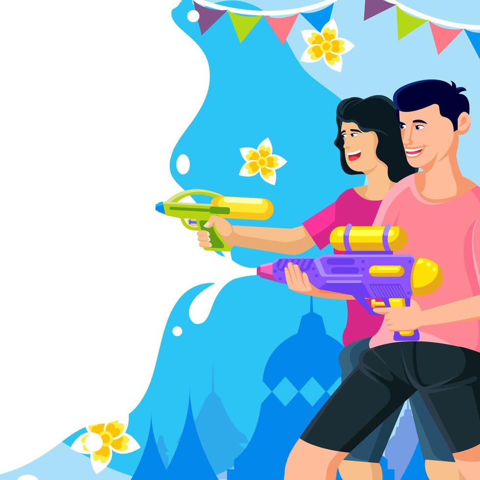 fondo de songkran con pareja disparando una pistola de agua vector