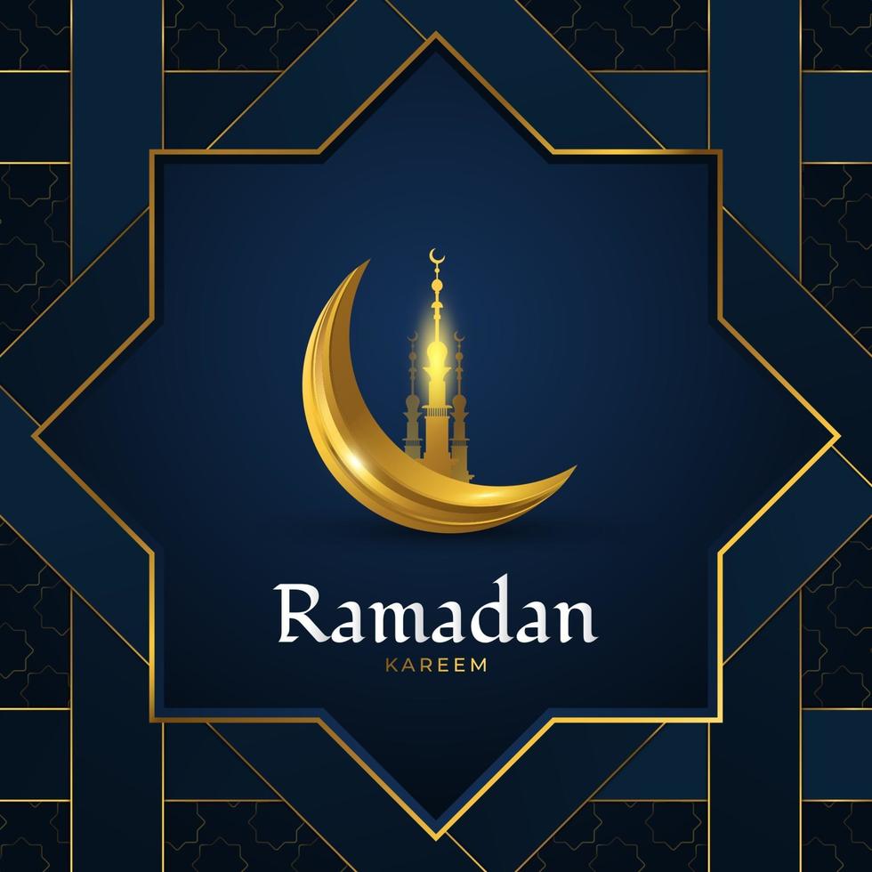 Ramadan Kareem Greeting Card with Golden Mosque and Crescent Moon on Blue Paper Cut Background. Islamic Background with Luxury Decorations vector