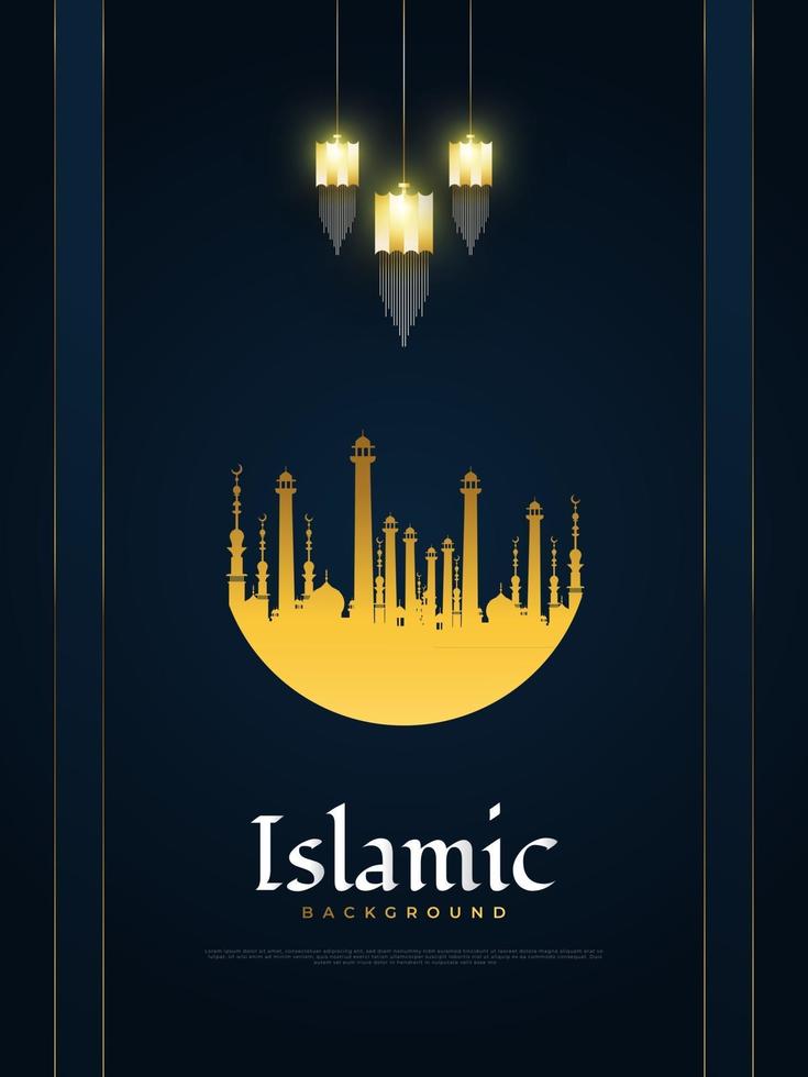 Islamic Background with Gold Arabic Lanterns and Mosque on Blue Paper Cut Background for Ramadan or Eid Greeting card, Banner or Poster vector