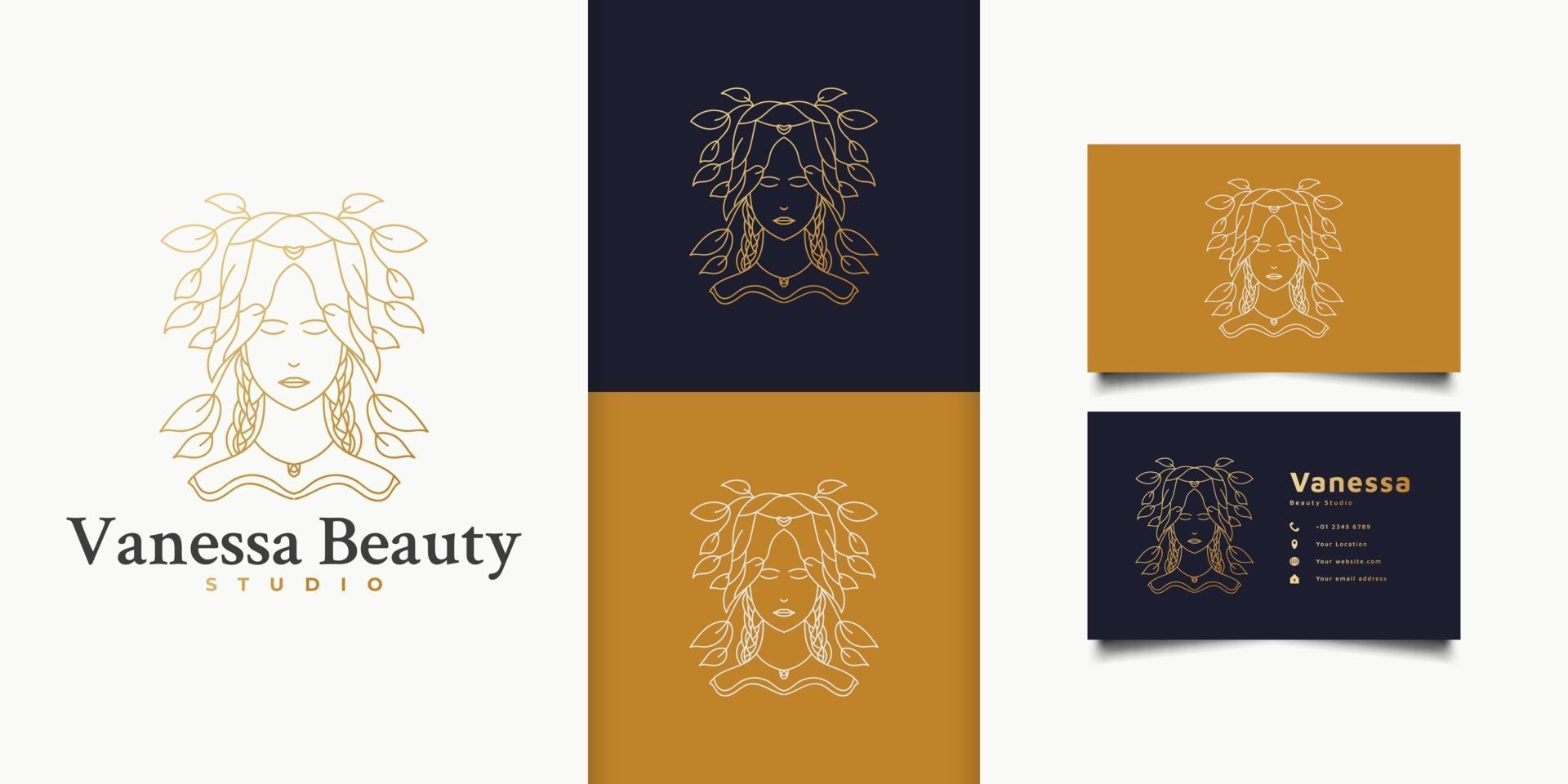 Logotipo de mujer hermosa con hojas en el cabello en degradado dorado y concepto lineal para logotipo de moda, salón, cosmética o estudio de belleza vector