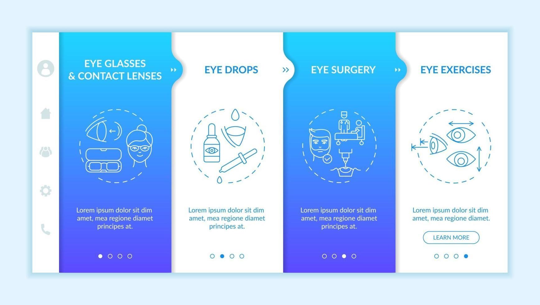 Eye diseases treatment methods onboarding vector template