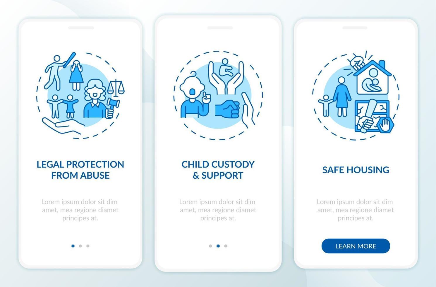 sobrevivientes de violencia doméstica apoyan la incorporación de la pantalla de la página de la aplicación móvil con conceptos vector