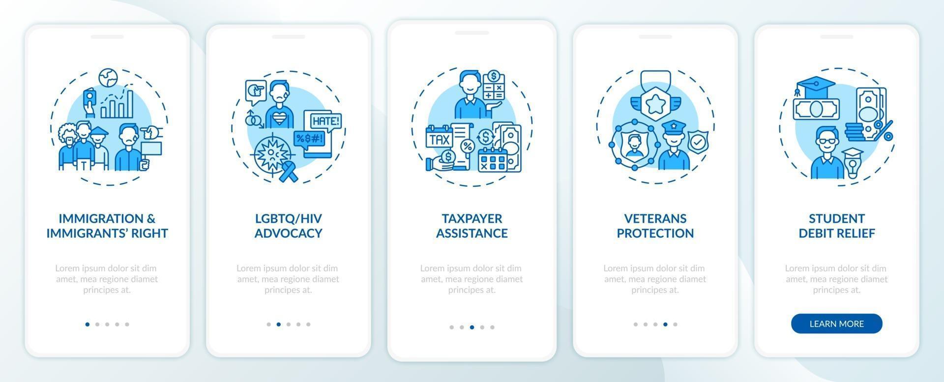 Legal services types onboarding mobile app page screen with concepts vector