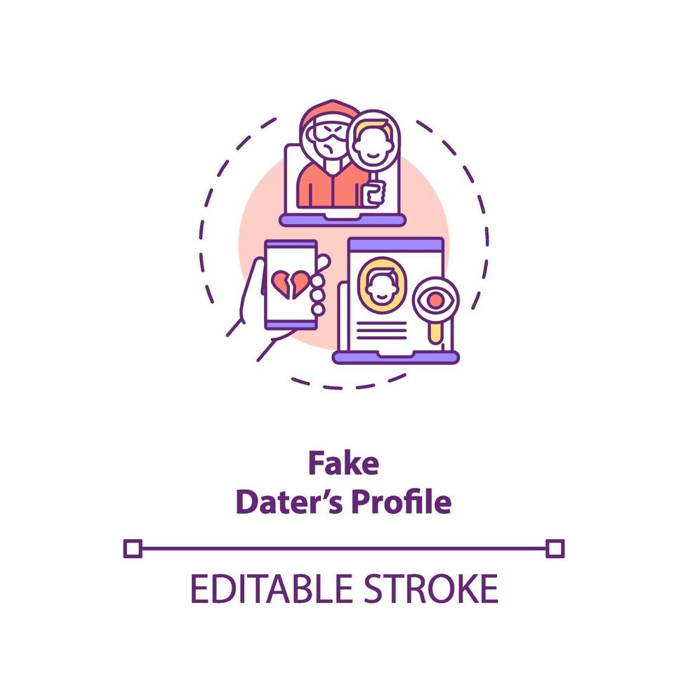 Fake dater profile on dating website concept icon. vector