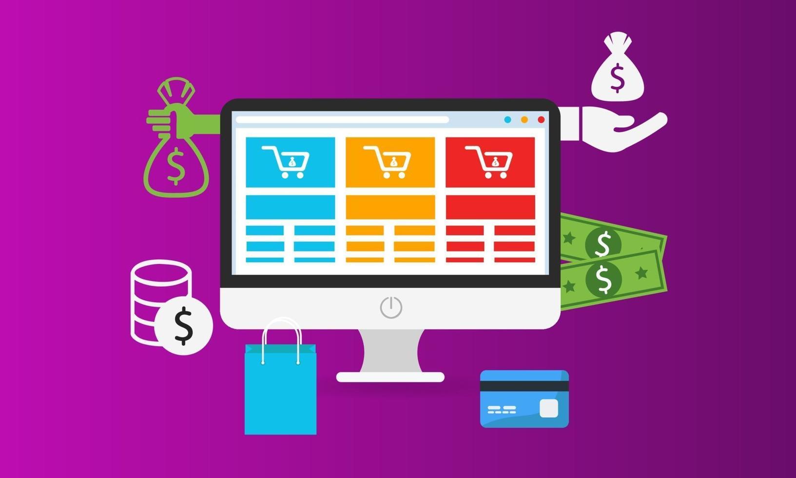 Compras en línea de comercio electrónico en el sitio web con iconos de compras y computadoras vector