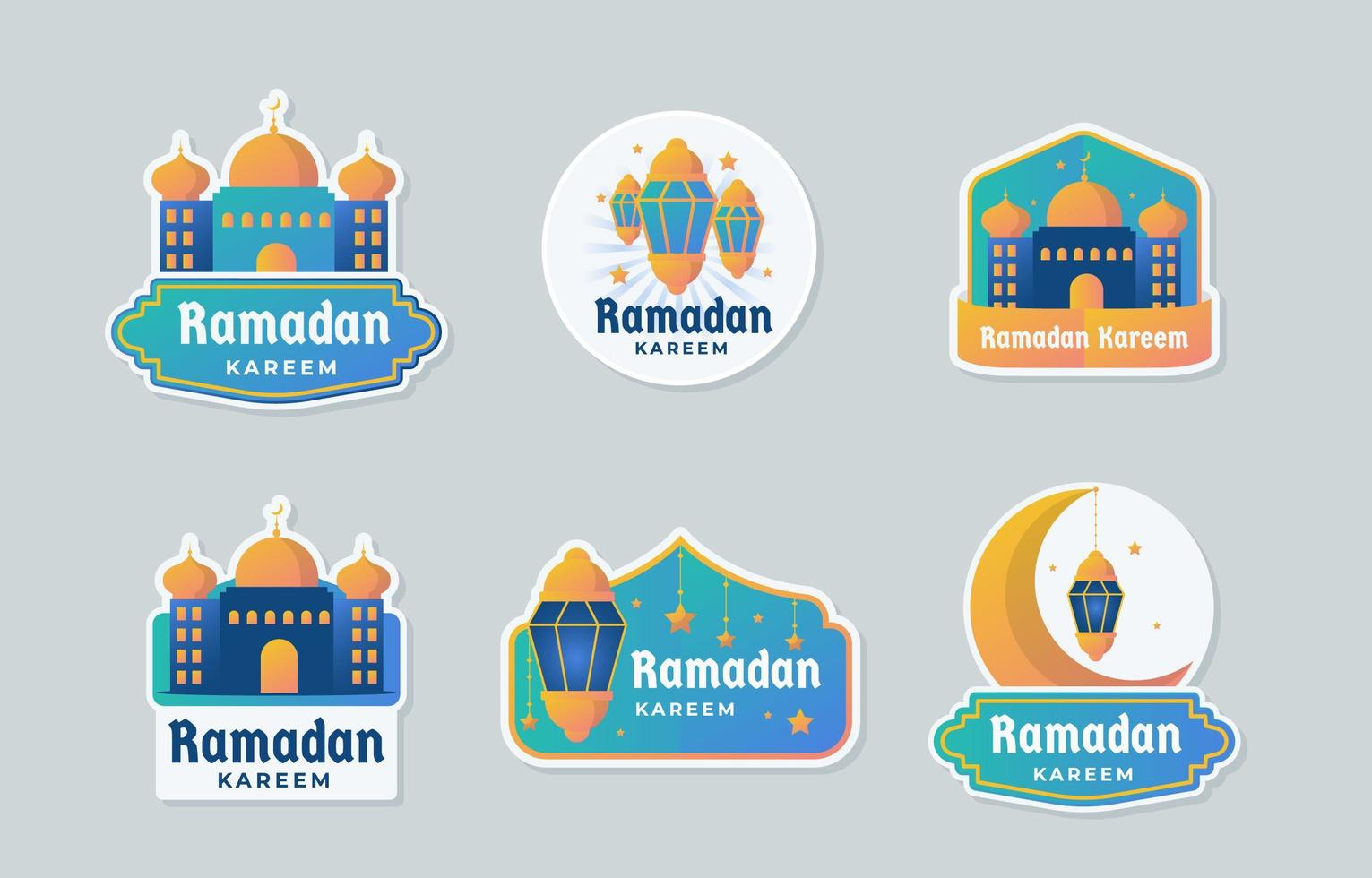 Colección de insignias de Ramadán con una combinación de colores amarillo y azul. vector