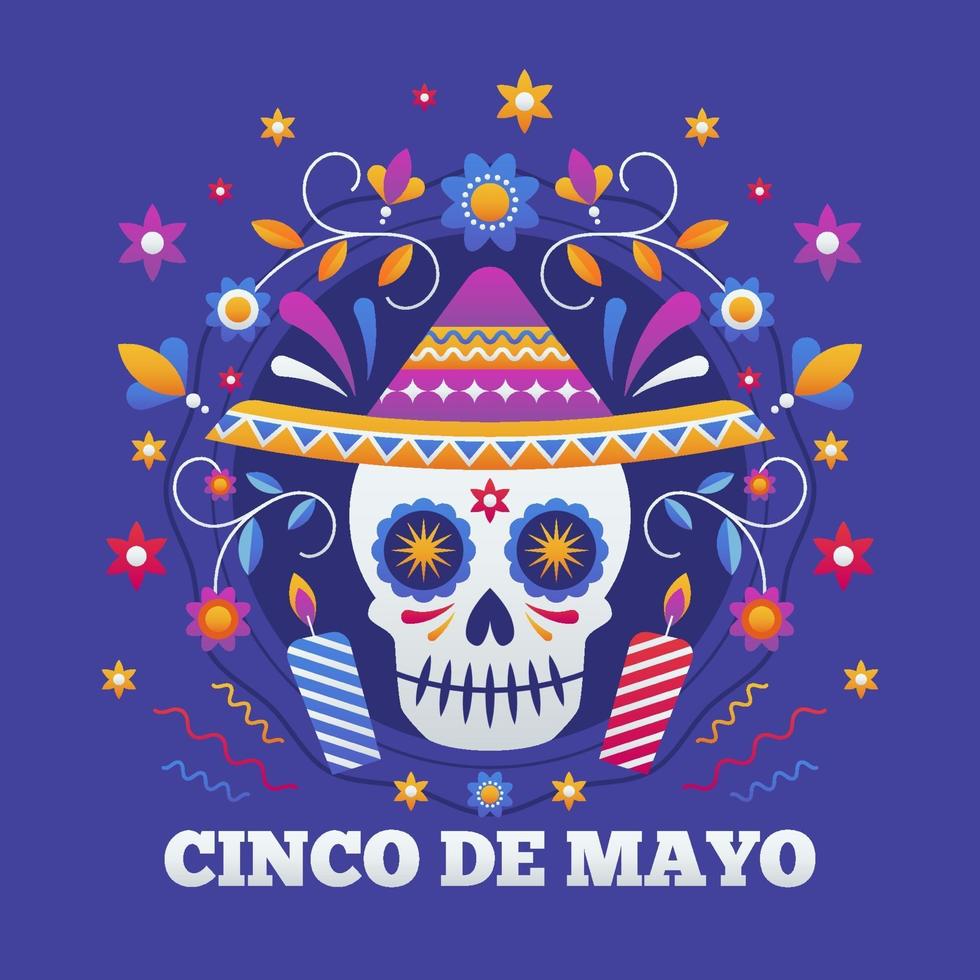 cinco de mayo calavera y flores de colores vector