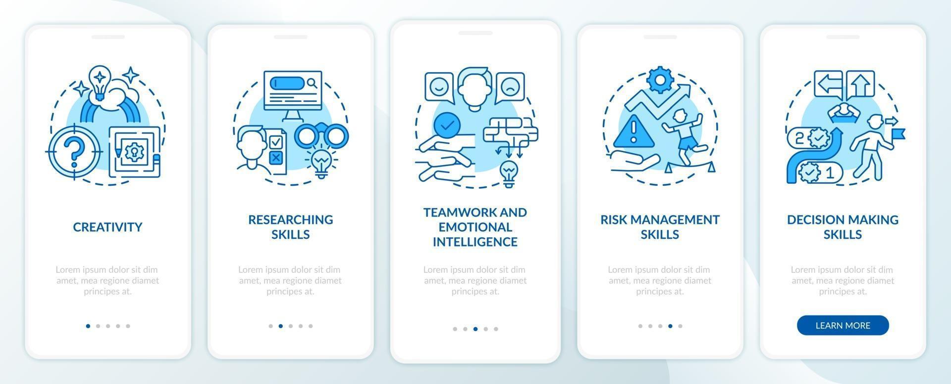 Problem-solving skills blue onboarding mobile app page screen with concepts vector