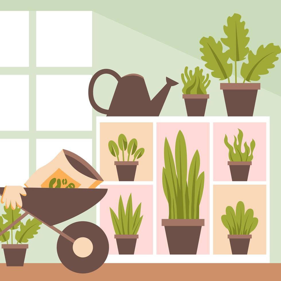 Flat of Home Gardening with A Shelf Background vector