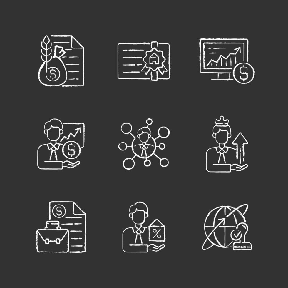 Financial advisor chalk white icons set on black background vector