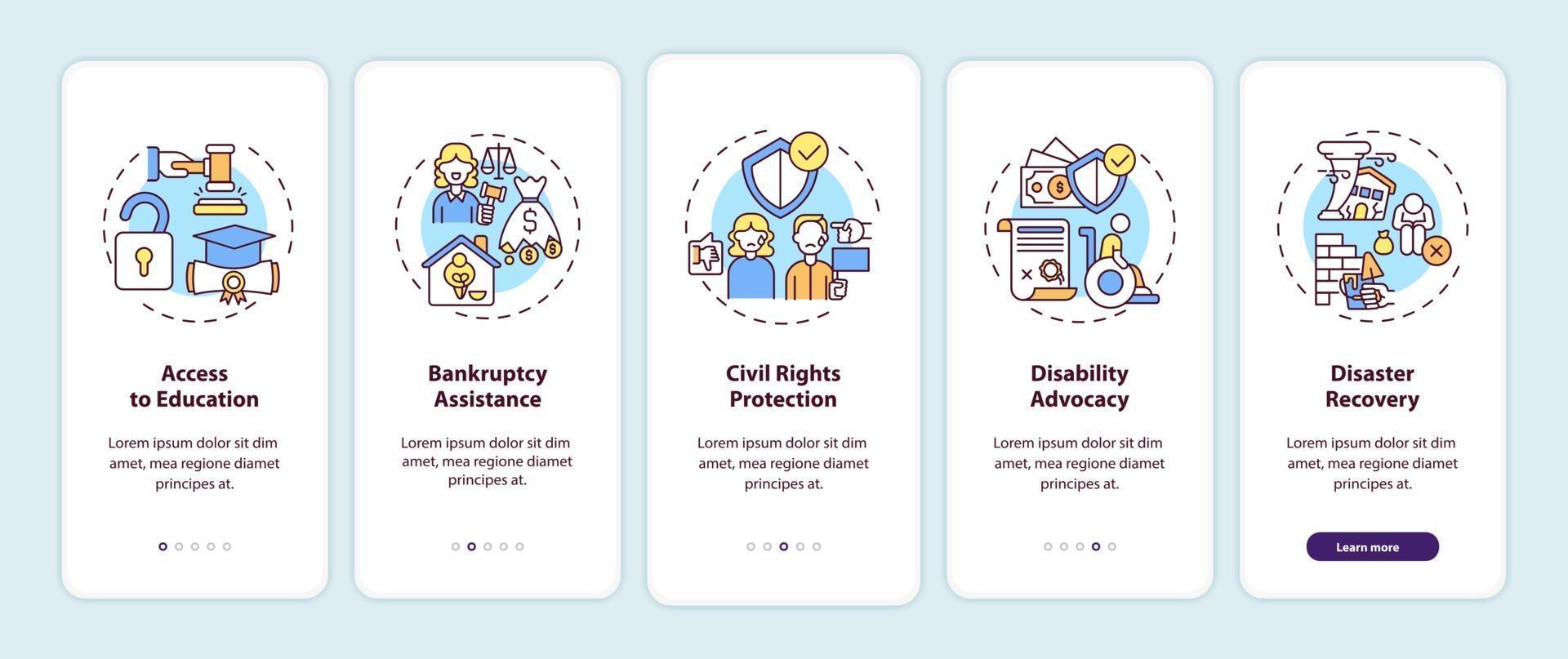 Legal services types onboarding mobile app page screen with concepts vector