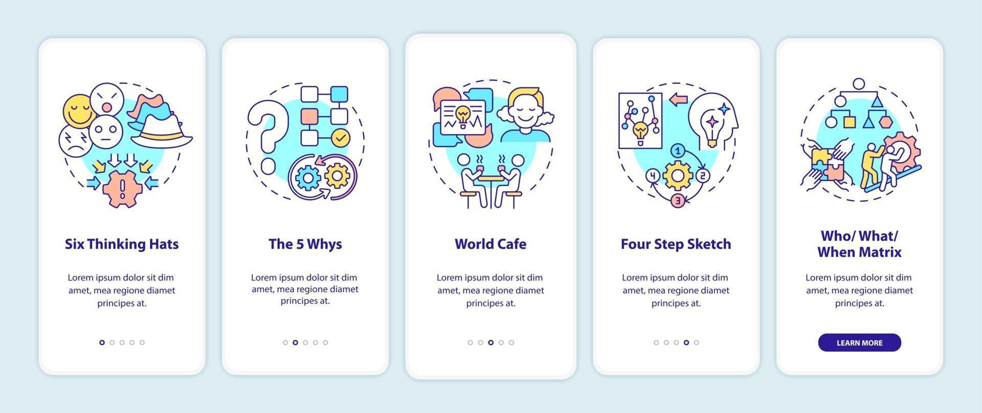 Problem solving methods onboarding mobile app page screen with concepts vector