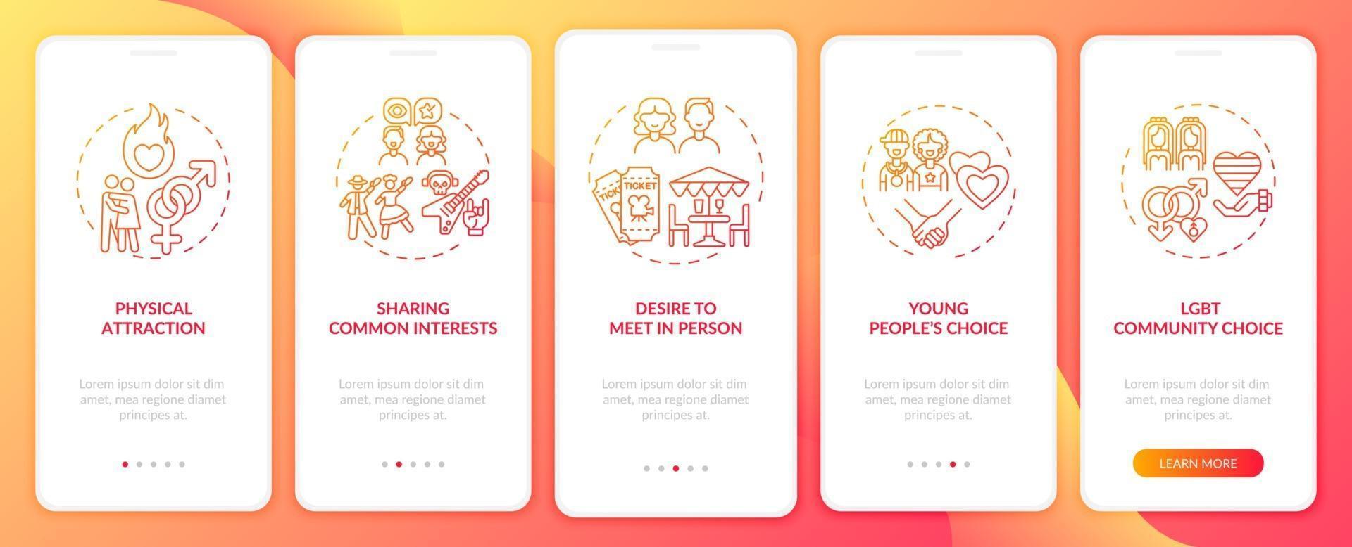 Sharing common interests onboarding mobile app page screen with concepts. vector