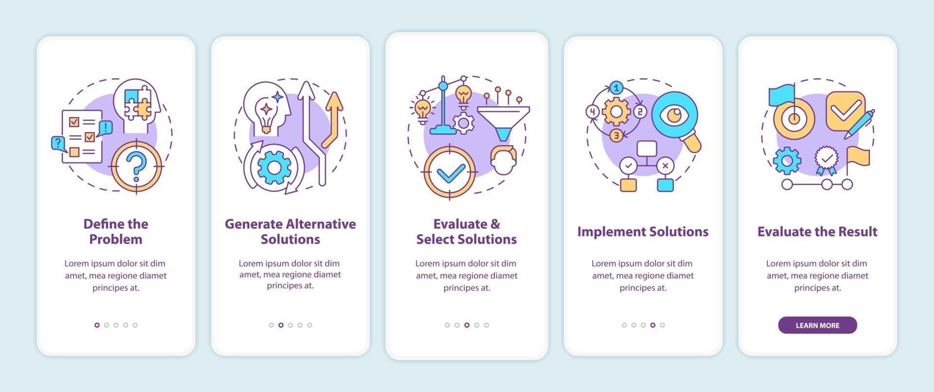 Problem solving steps onboarding mobile app page screen with concepts vector