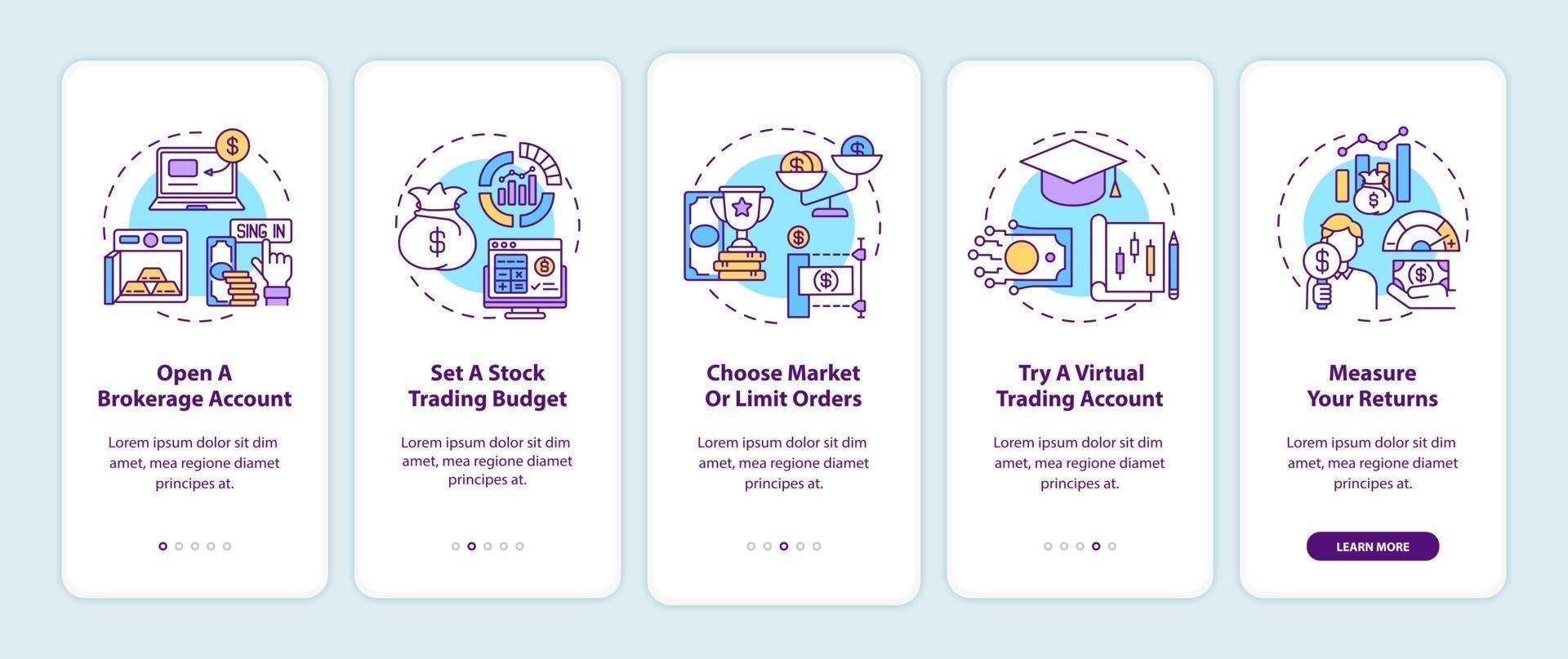 Stock trading steps onboarding mobile app page screen with concepts vector