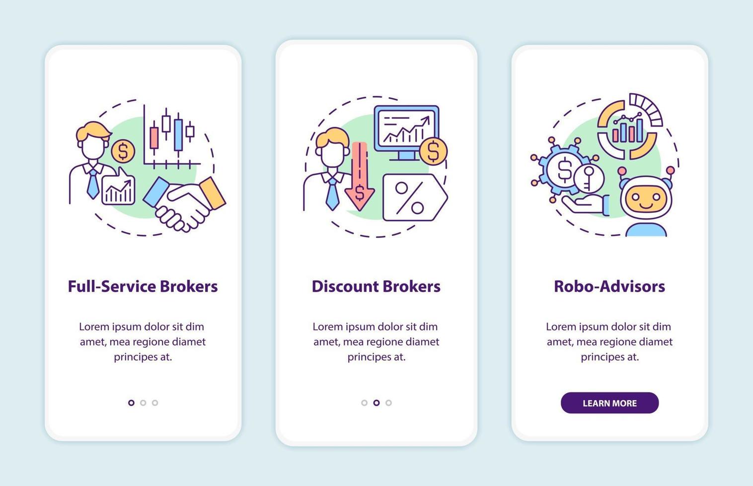 Broker types onboarding mobile app page screen with concepts vector
