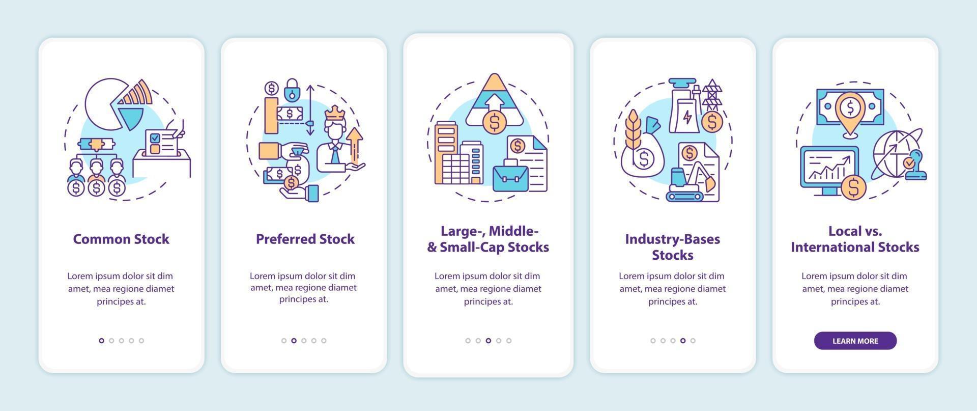 Stocks types onboarding mobile app page screen with concepts vector