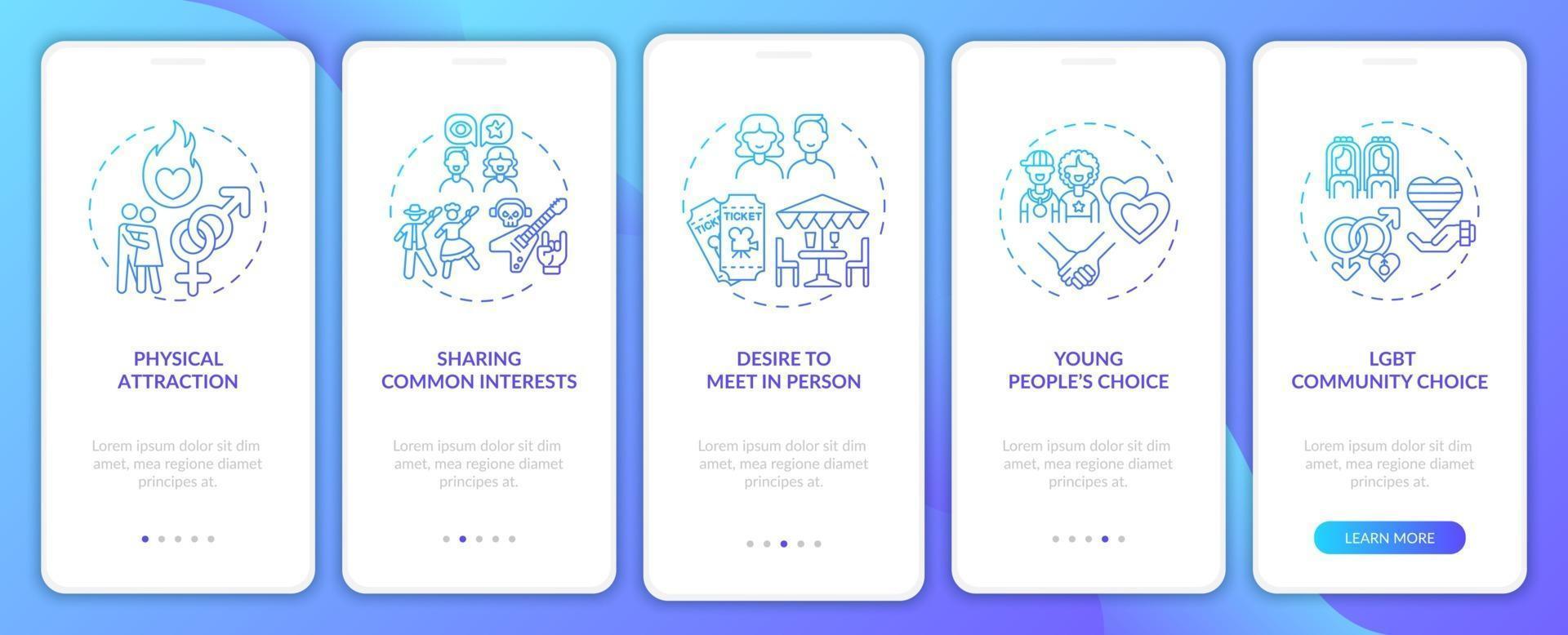 Desire to meet in person onboarding mobile app page screen with concepts. vector