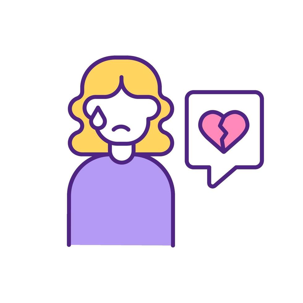 Broken hearted woman crying RGB color icon. vector