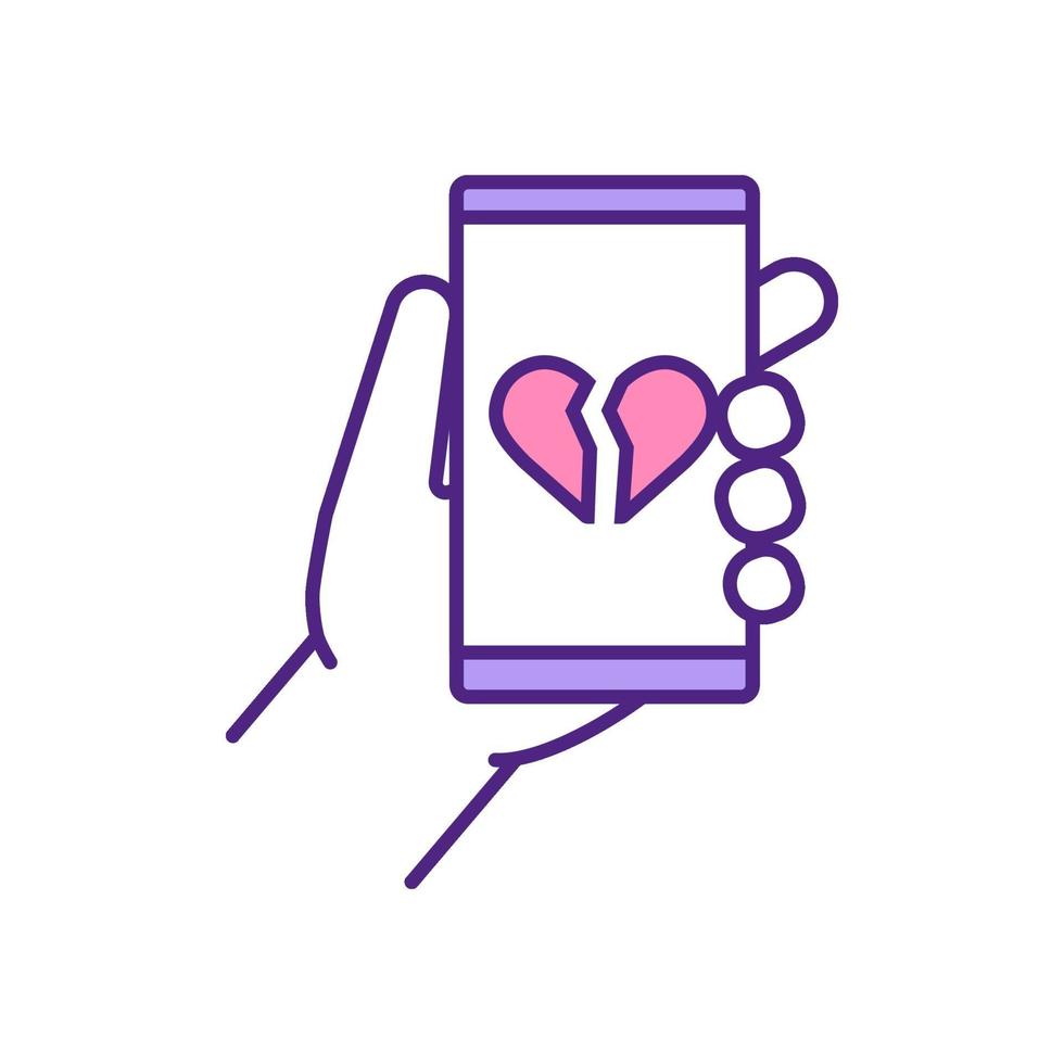 Broken heart on mobile screen RGB color icon. vector