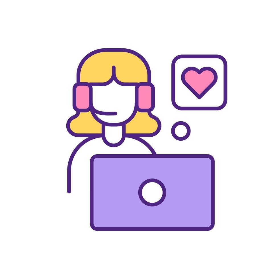 Woman falling in love with man from internet app RGB color icon. vector
