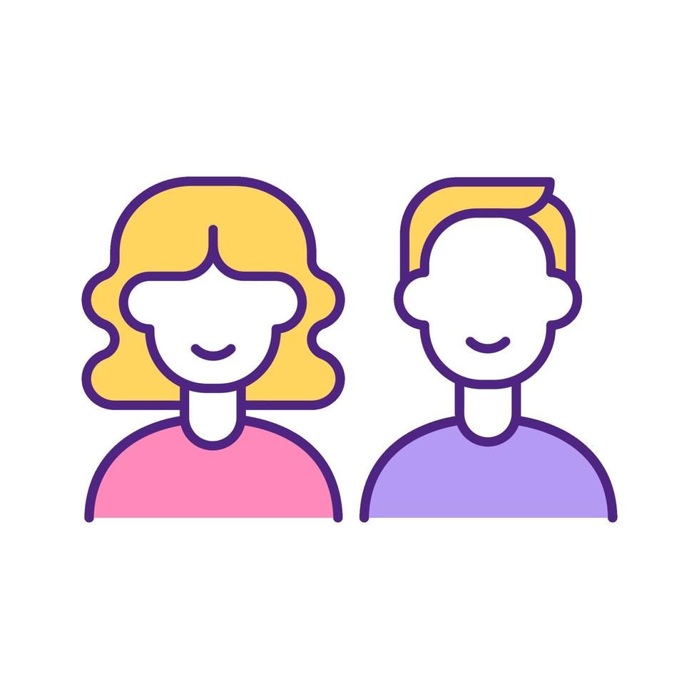 Woman and man perfect match RGB color icon. vector