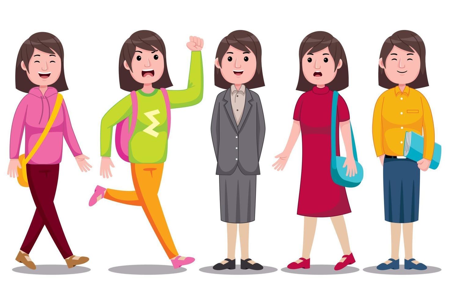Young Woman Student Set Vector Illustration