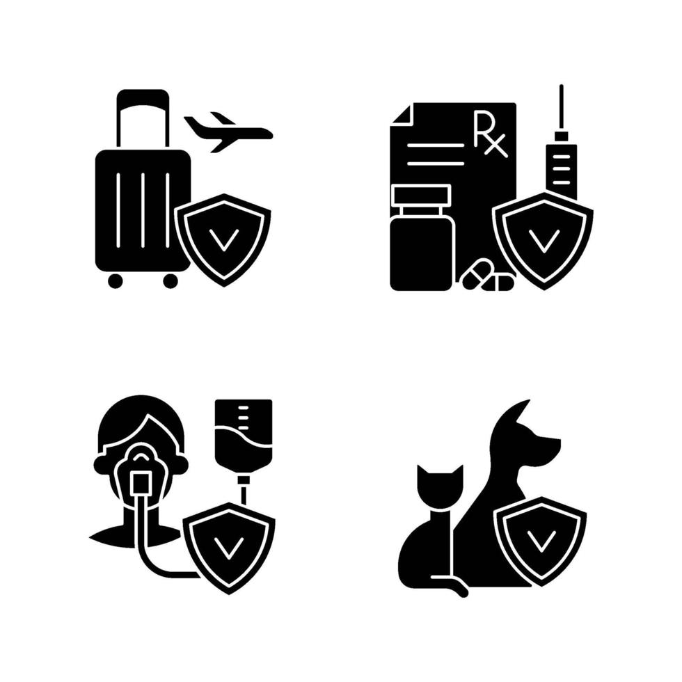 Insurance and protection black glyph icons set on white space vector