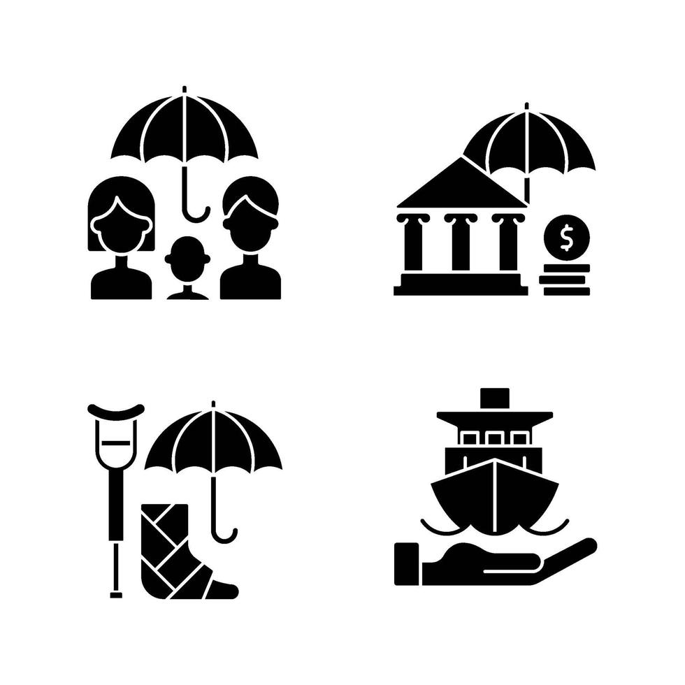 Insurance and protection black glyph icons set on white space vector