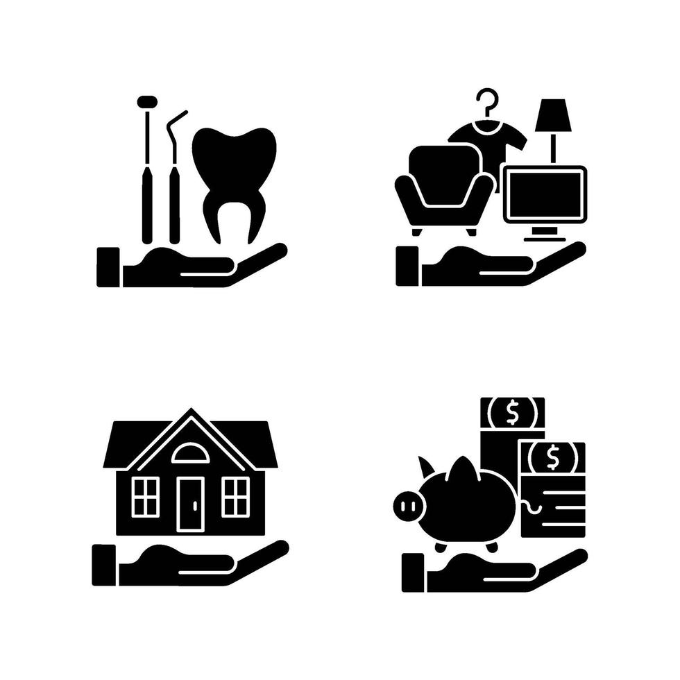 Insurance and protection black glyph icons set on white space vector