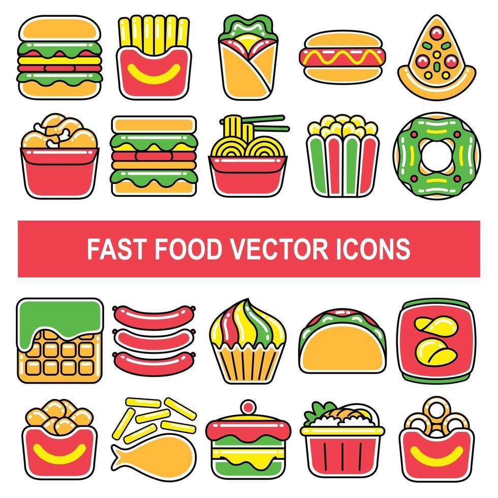 Fast food vector icons in filled outline design style.