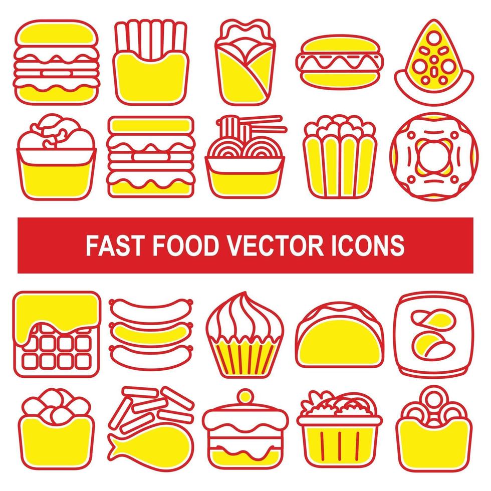 Iconos de vector de comida rápida en estilo de diseño de contorno.