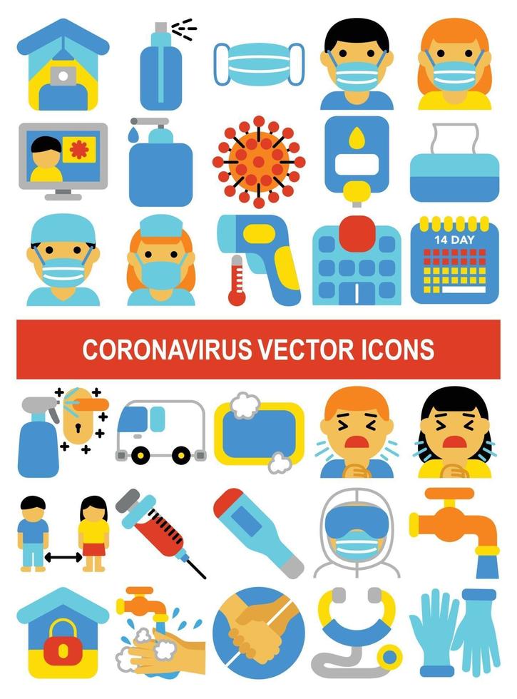 Coronavirus vector icons in flat design style.