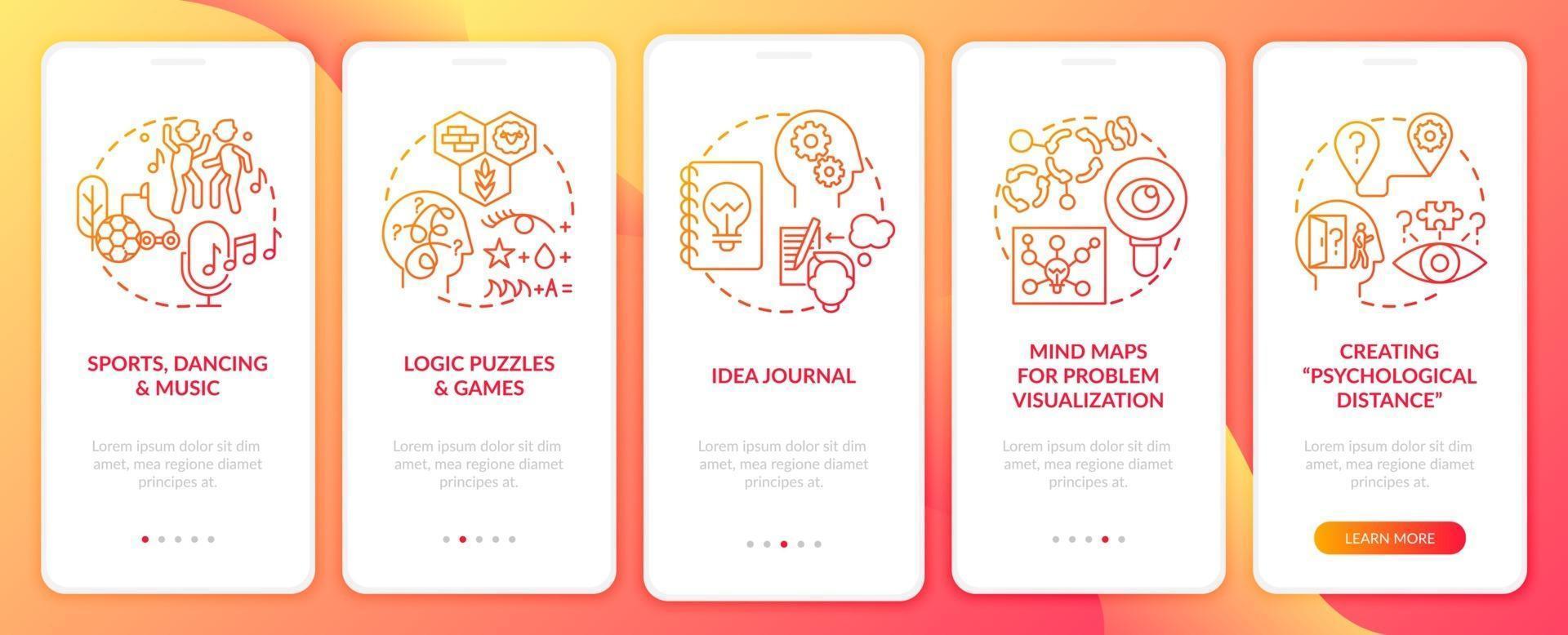 Boosting problem solving skills tips red onboarding mobile app page screen with concepts vector