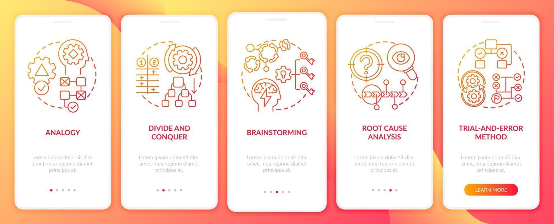 Problem solving strategies red onboarding mobile app page screen with concepts vector