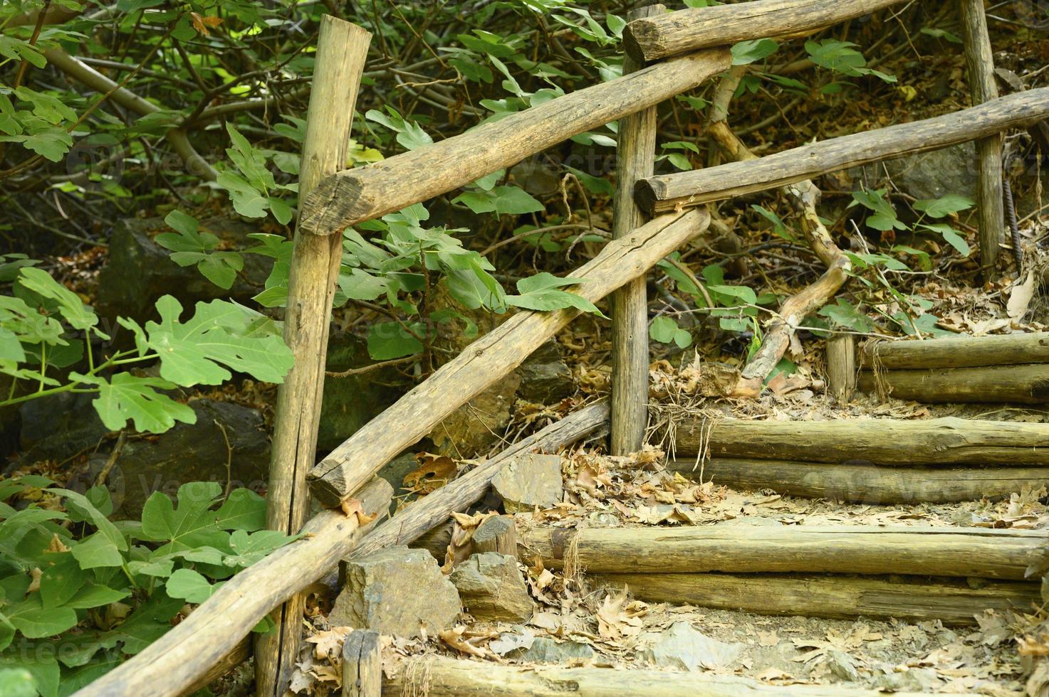 old homemade wooden staircase that runs over rocks in a mountain gorge photo