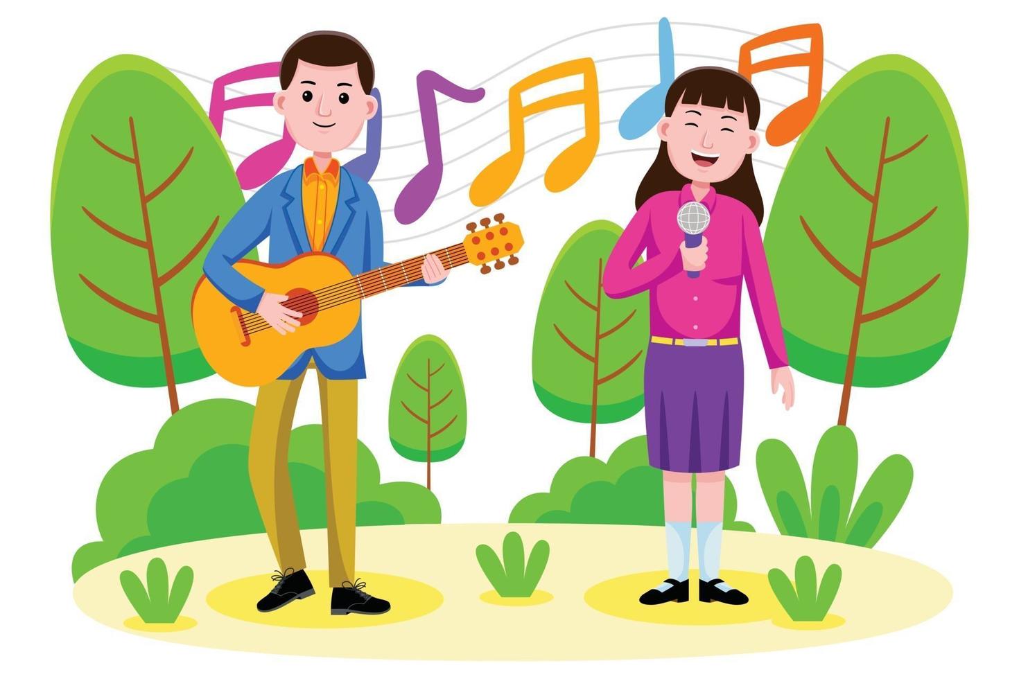 Couple singing and playing the guitar at the park vector