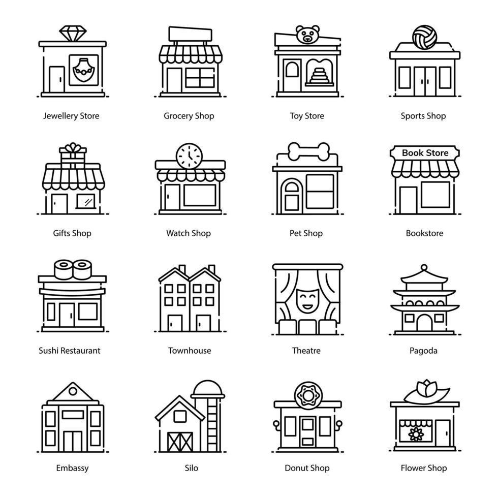 iconos de tienda, construcción y arquitectura vector