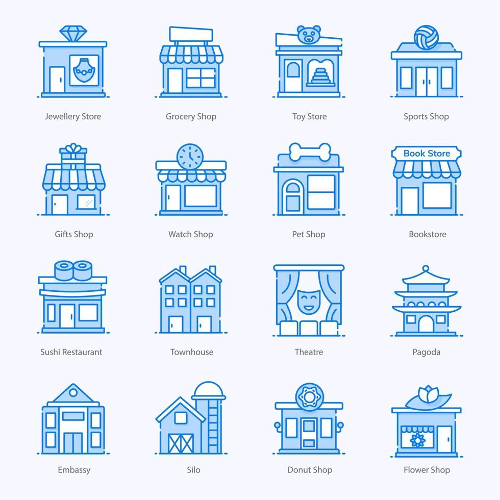 iconos de tienda, construcción y arquitectura vector